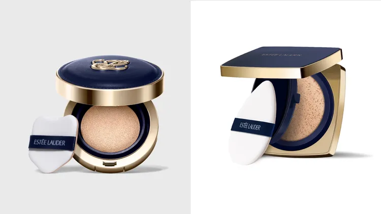 雅詩蘭黛粉持久天生美肌氣墊粉餅（左圖）一盒兩蕊／2900元；粉持久完美鎖妝氣墊粉餅（右圖）一盒兩蕊／2900元。品牌提供