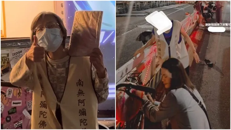 阿彌陀佛姐在中正橋遭機車追撞受傷。左江宜潔攝、右翻攝《『俗』浪潮》臉書