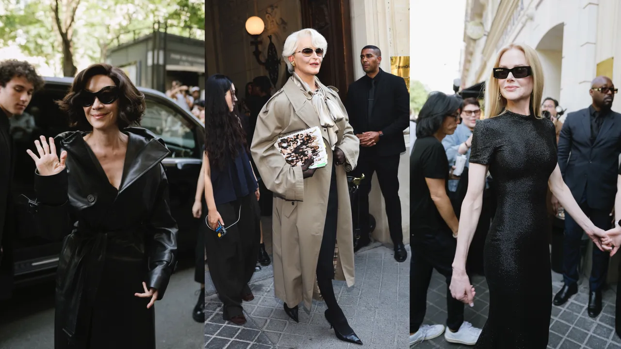 楊紫瓊（左起）、由變裝皇后Alexis Stone扮成的梅莉史翠普、妮可基嫚現身BALENCIAGA高訂秀場。品牌提供