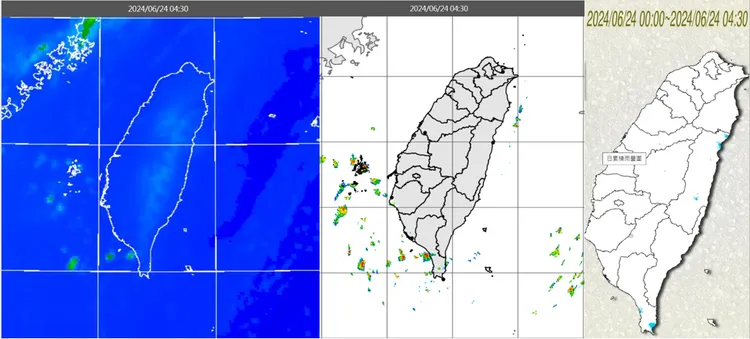 今(24日)晨4：30紅外線色調強化雲圖顯示，台灣上空晴朗無雲(左圖)。4：30雷達回波合成圖顯示，巴士海峽有零星回波北上(中圖)，4：30累積雨量圖顯示，恆春半島及花東零星少量飄雨(右圖)。氣象應用推廣基金會