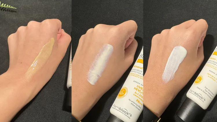 360°全方位光譜防曬乳（左起）、360°全方位光譜礦物防曬霜、360°全方位光譜防曬水凝膠質地。張家玲攝