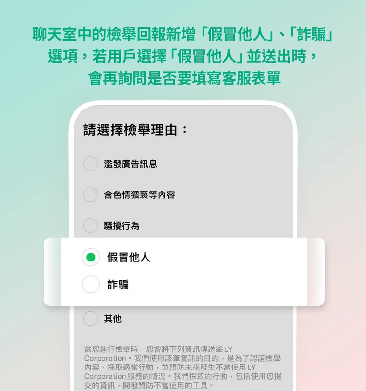聊天室檢舉回報新增「假冒他人」、「詐騙」選項。LINE提供。