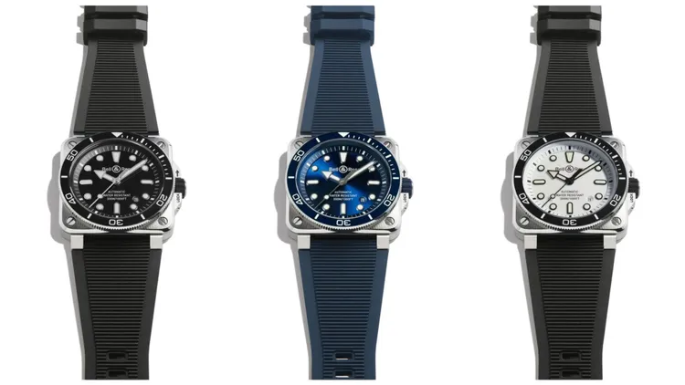 Bell & Ross BR 03 Diver潛水錶精鋼款，42mm，緞面打磨及拋光不銹鋼錶殼，編織黑色橡膠與超強韌黑色合成織布錶帶，BR-CAL.302-1自動機械機芯，動力儲存54小時，防水深度300米，黑色錶面15萬元、藍色太陽紋錶面15萬元、白色錶面15萬元。品牌提供