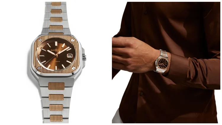 Bell & Ross BR 05 Artline Steel & Gold腕錶，40mm，拋光不鏽鋼與18K玫瑰金錶殼，棕色太陽紋錶面，雙色緞面打磨及拋光不銹鋼與18K玫瑰金雙色錶帶，BR-CAL. 321-1自動機芯，動力儲存54小時，防水深度100米，43萬8000元。品牌提供