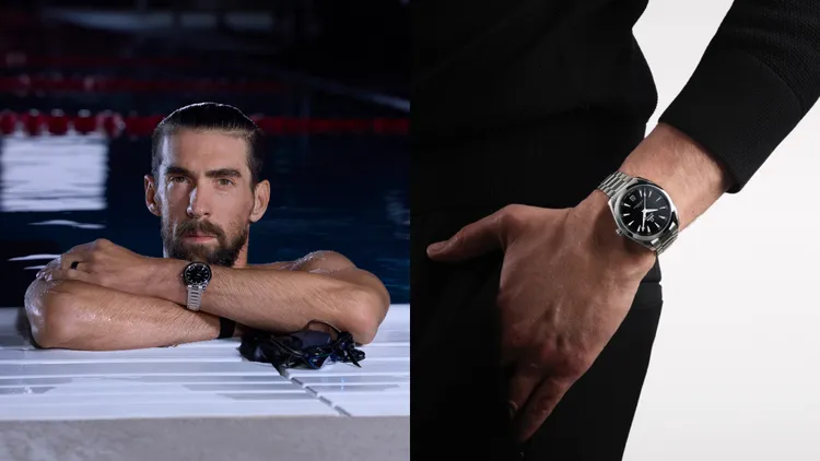 美國泳壇傳奇「飛魚」菲爾普斯拍攝OMEGA海馬Aqua Terra系列150米腕錶形象照。品牌提供