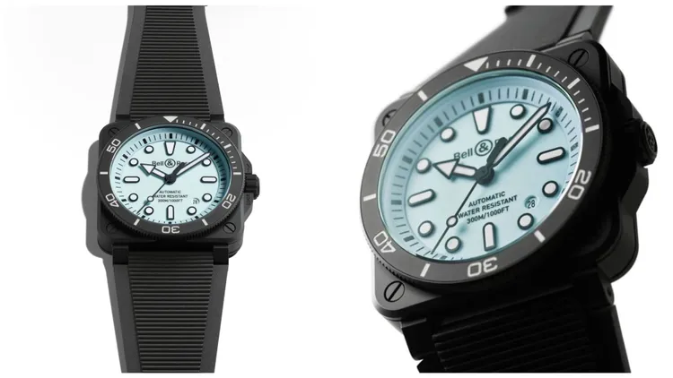 ell & Ross BR 03 Diver潛水錶Full Lum夜光款，42mm，霧面黑色陶瓷錶殼，覆以淺藍色Super-Luminova夜光塗層錶面，編織黑色橡膠與超強韌黑色合成織布錶帶，BR-CAL.302-1自動機械機芯，動力儲存54小時，防水深度300米，18萬4000元。品牌提供