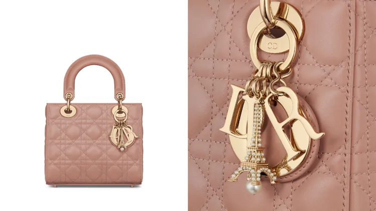 LADY DIOR MY ABCDIOR小型款玫瑰裸色與艾菲爾鐵塔掛飾，20萬元。品牌提供