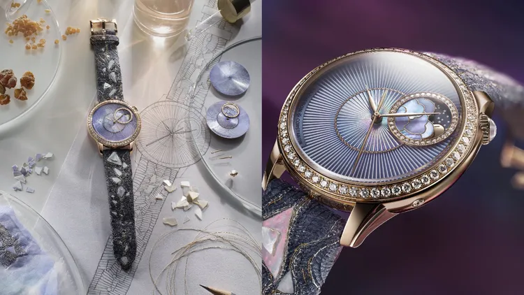 該腕錶的錶帶自帶香氛，錶面以細節呼應著高級訂製服的褶襉。品牌提供