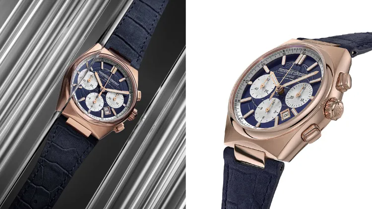 康斯登Highlife Chronograph Automatic腕錶，41mm，拋光拉斯不鏽鋼玫瑰金鍍層錶殼，深藍色啞光錶盤，深藍色小牛皮錶帶，FC-391自動上鍊機芯，動力儲存60小時，防水深度100米，15萬8000元。品牌提供
