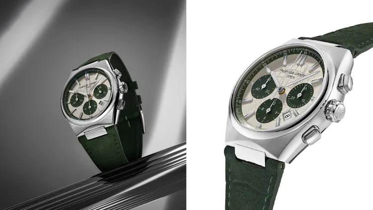 康斯登Highlife Chronograph Automatic腕錶，41mm，拋光拉絲不鏽鋼錶殼，銀色啞光錶盤，深綠色小牛皮錶帶，FC-391自動上鍊機芯，動力儲存60小時，防水深度100米，限量1888只，13萬8000元。品牌提供