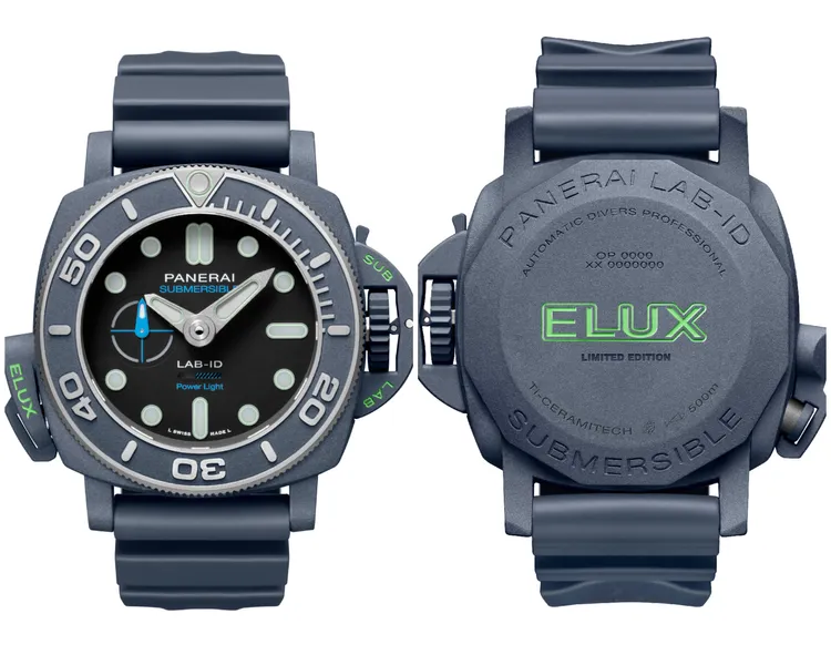 沛納海Submersible Elux LAB-IDTM PAM01800腕錶，49mm，藍色太金屬材質錶殼，藍色橡膠錶帶，P.9010/EL自動上鍊機械機芯，動力儲存可達3日、隨按即亮動能發光功能可達30分鐘，防水深度500米。品牌提供