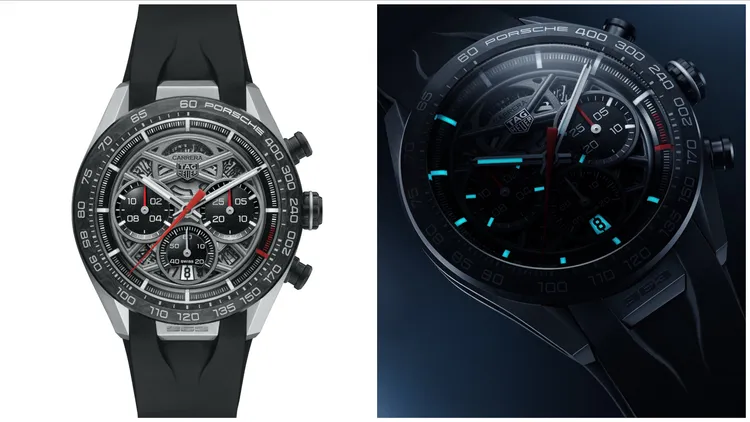 泰格豪雅Carrera Chronograph x Porsche 963限量版計時腕錶，44mm，磨砂拋光精鋼錶殼，鏤空錶盤，黑色一體式橡膠錶帶，Calibre TH20-00 機芯，防水深度100米，全球限量963只，30萬2900元。品牌提供

