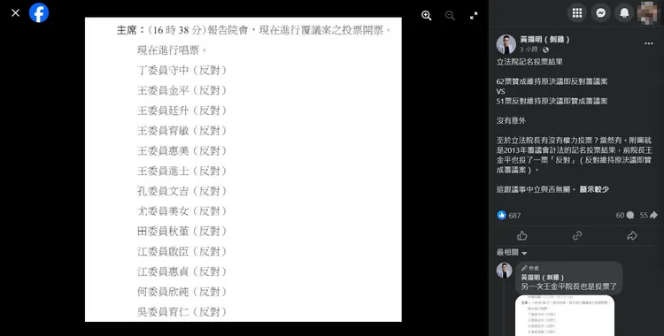 黃揚明指出，前立法院長王金平2013年覆議會計法記名投票也投了一票「反對」。翻攝黃揚明臉書