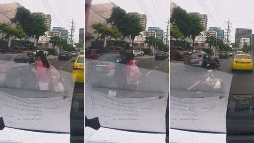 驚悚影片｜媽媽牽女橫越車陣「鬼探頭」　父女機車被她肉身擊落