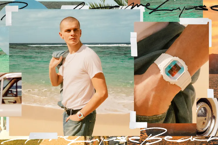 白色錶盤呈現出清爽淡藍色偏光打造陽光普照的海灘形象。品牌提供