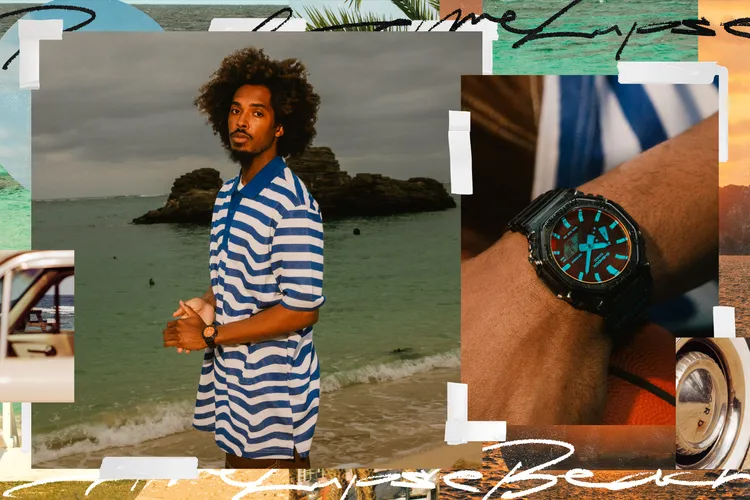 灰色錶款的玻璃鏡面反射出的有如落日黃昏的橘色光澤。品牌提供