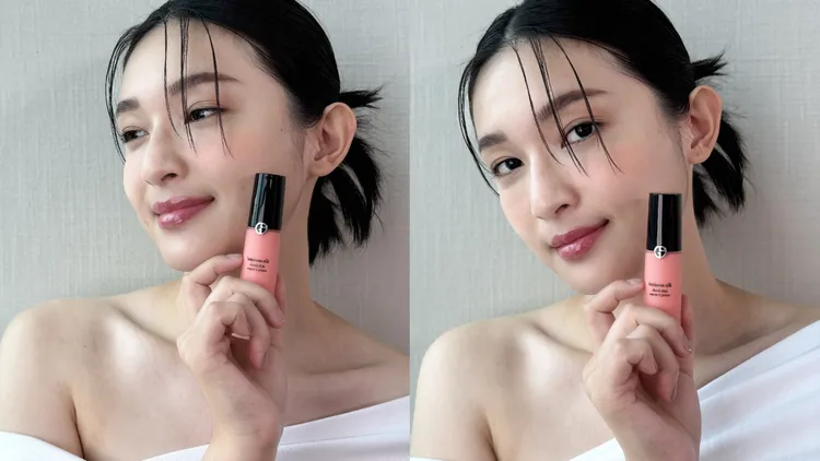 Model示範輕透亮絲光漂染腮紅露#50.5玫絨蜜桃。張家玲攝