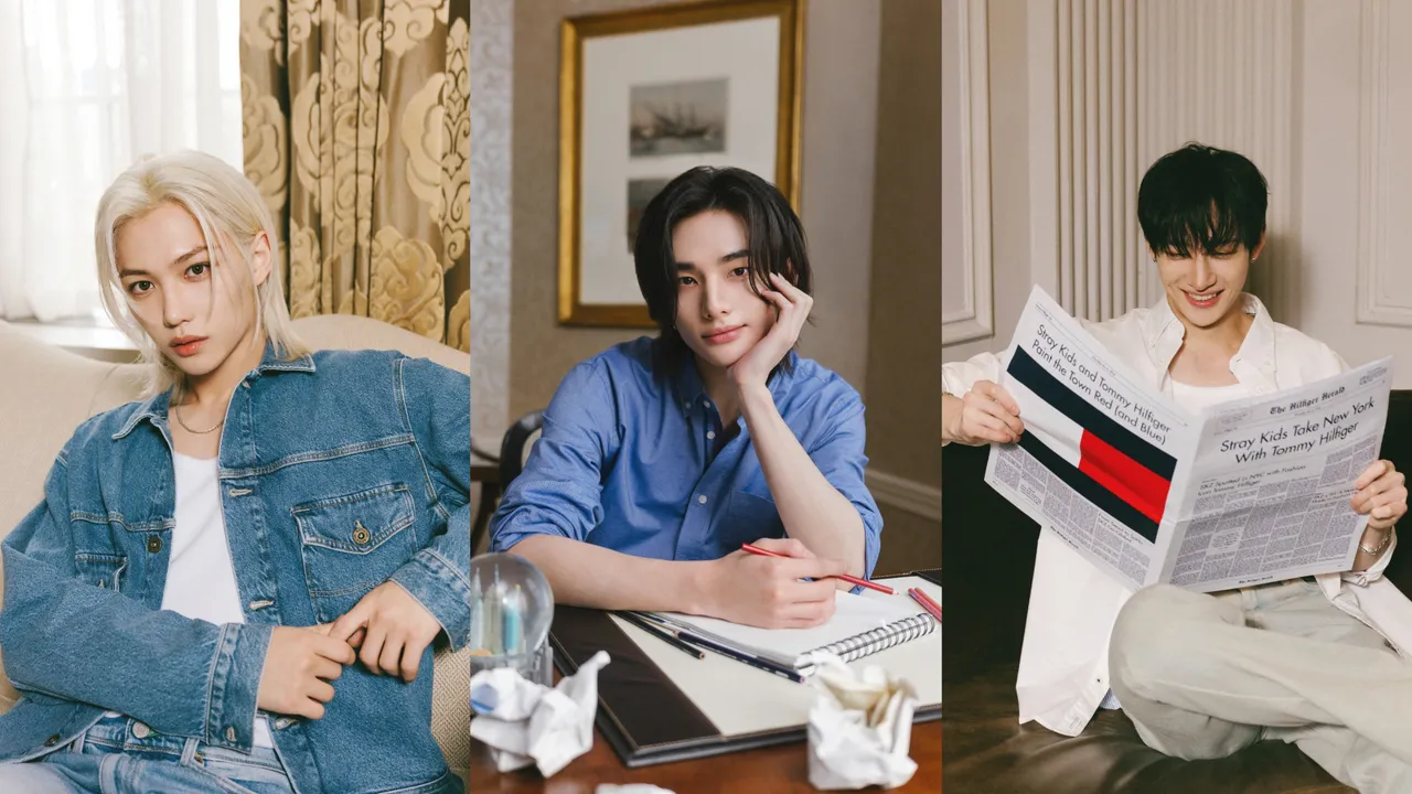 Felix（左起）、鉉辰、方燦替Tommy Hilfiger拍攝形象照。品牌提供