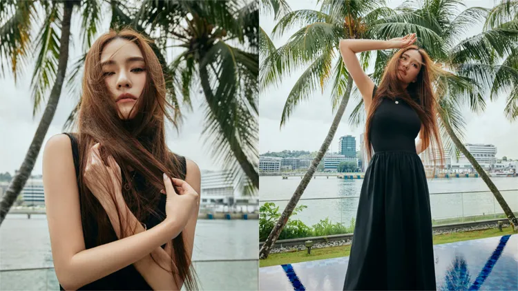 何超蓮穿著Theory全新早秋系列的連衣裙。翻攝《MOEVIR》微博