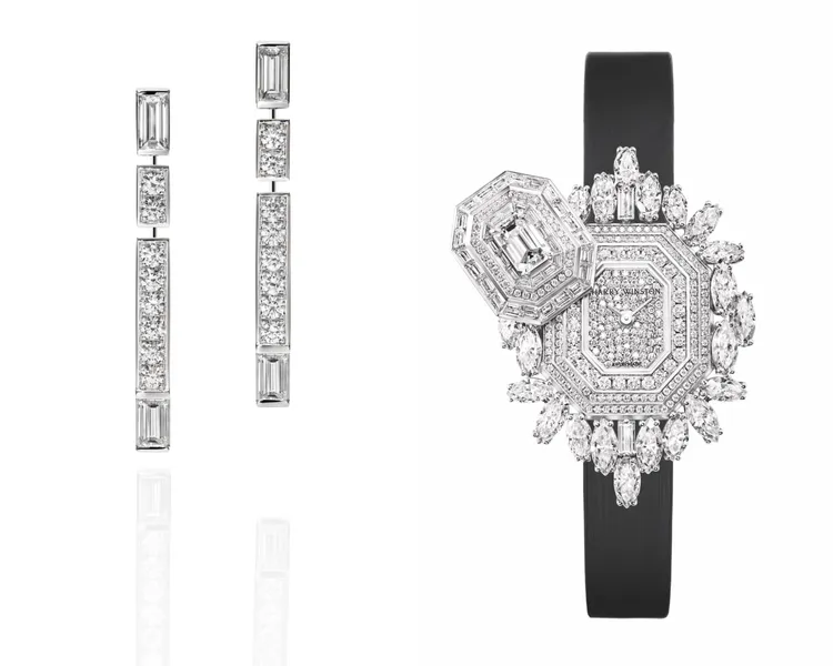 海瑞溫斯頓Traffic系列鑽石耳環（左圖）97萬元、Ultimate Emerald Signature頂級珠寶腕錶（右圖）442萬元。品牌提供