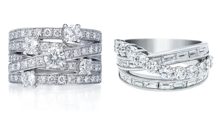 海瑞溫斯頓Crossover鑽石戒指（左圖）90萬元、New York系列River鑽石戒指（右圖）91萬元。品牌提供