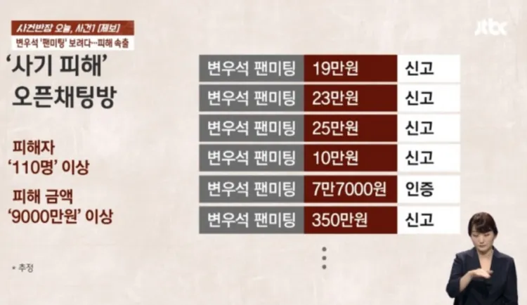 邊佑錫首爾見面會詐騙案件層出不窮，超過110人受騙，累積詐騙金額逾9000萬韓元（約230萬元台幣）。翻攝JTBC