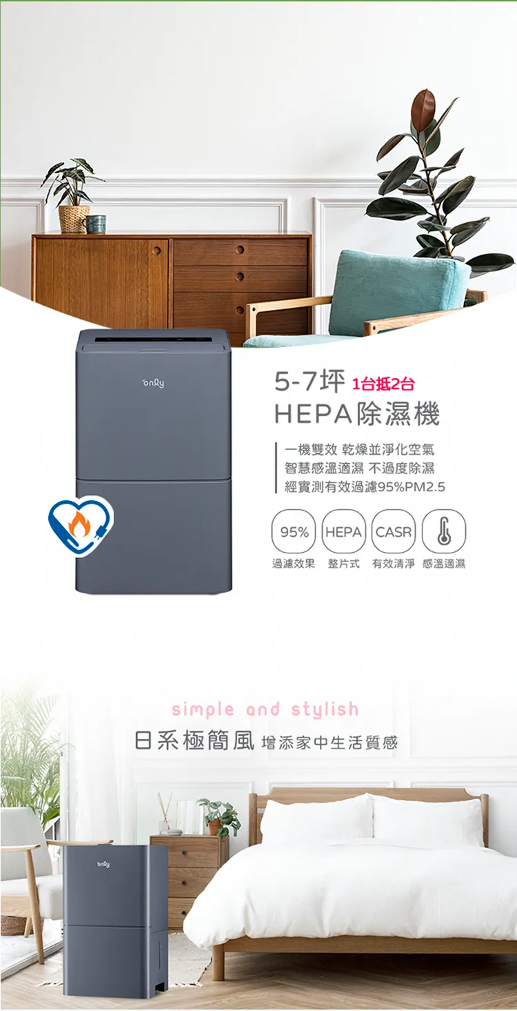 only 5-7坪 HEPA清淨除濕機，原價17,900元，現在優惠價只要4,990元，「美第節能補助」活動登記送千元7-11商品卡，登錄再送市價4,990元的免耗材雙效清淨機（OP01-R62EC），買到根本賺到！