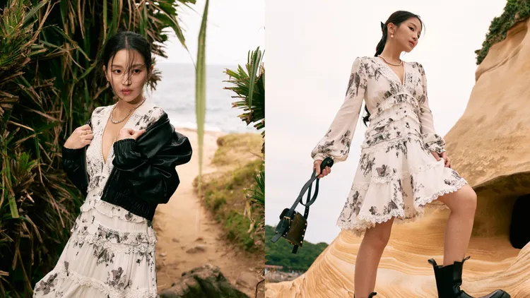 蔡瑞雪選穿ALLSAINTS手繪印花洋裝搭配雙色六角珠鍊。品牌提供