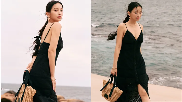 蔡瑞雪穿著ALLSAINTS黑色細肩帶刺繡洋裝。品牌提供