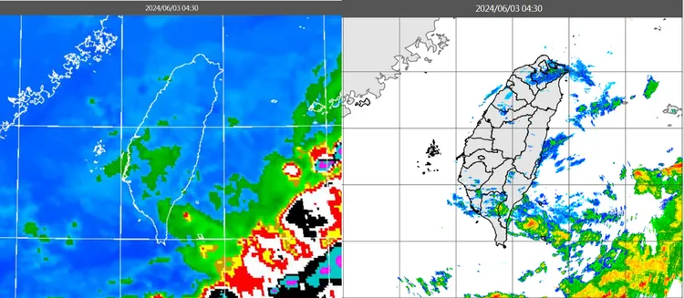 今(3日)晨4：30紅外線雲圖顯示，鋒面已南移，台灣上空殘餘的雲層消散中(左圖)，零星的降水回波亦逐漸消散(右圖)。氣象應用推廣基金會