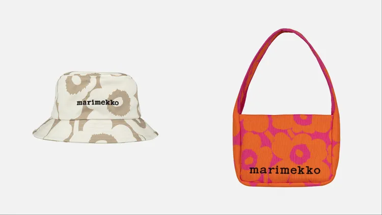 白褐雙色Unikko印花漁夫帽（左）5900元、亮橘和桃紅雙色Unikko圖騰針織肩背包6900元。品牌提供