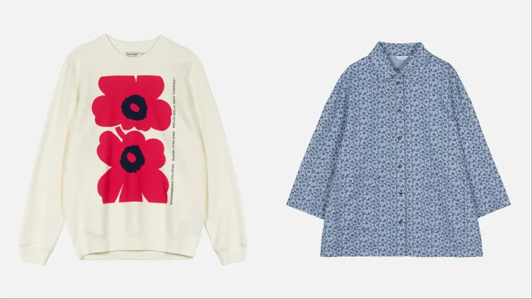 雙Unikko印花白色有機棉長袖上衣（左）1萬900元、滿版Unikko印花襯衫外套1萬4900元。品牌提供