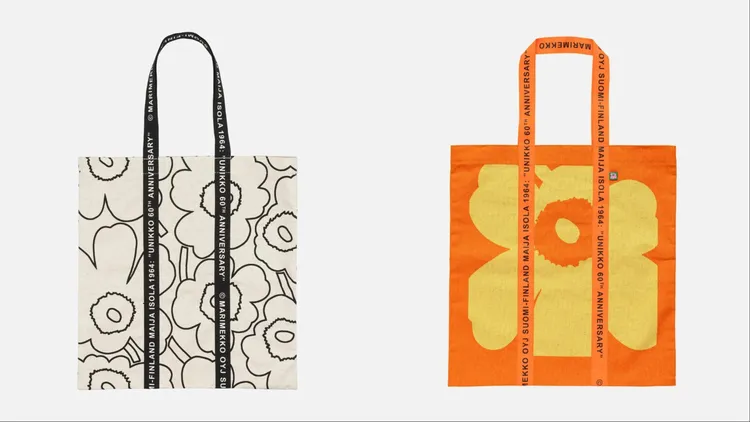 黑線勾勒Unikko印花60周年紀念托特包（左）4490元、橘色Unikko 60周年紀念托特包4390元。品牌提供