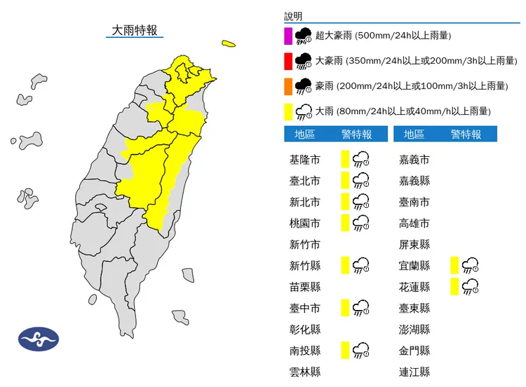 氣象署今（23）日下午針對「全台9縣市」發布大雨特報。中央氣象署