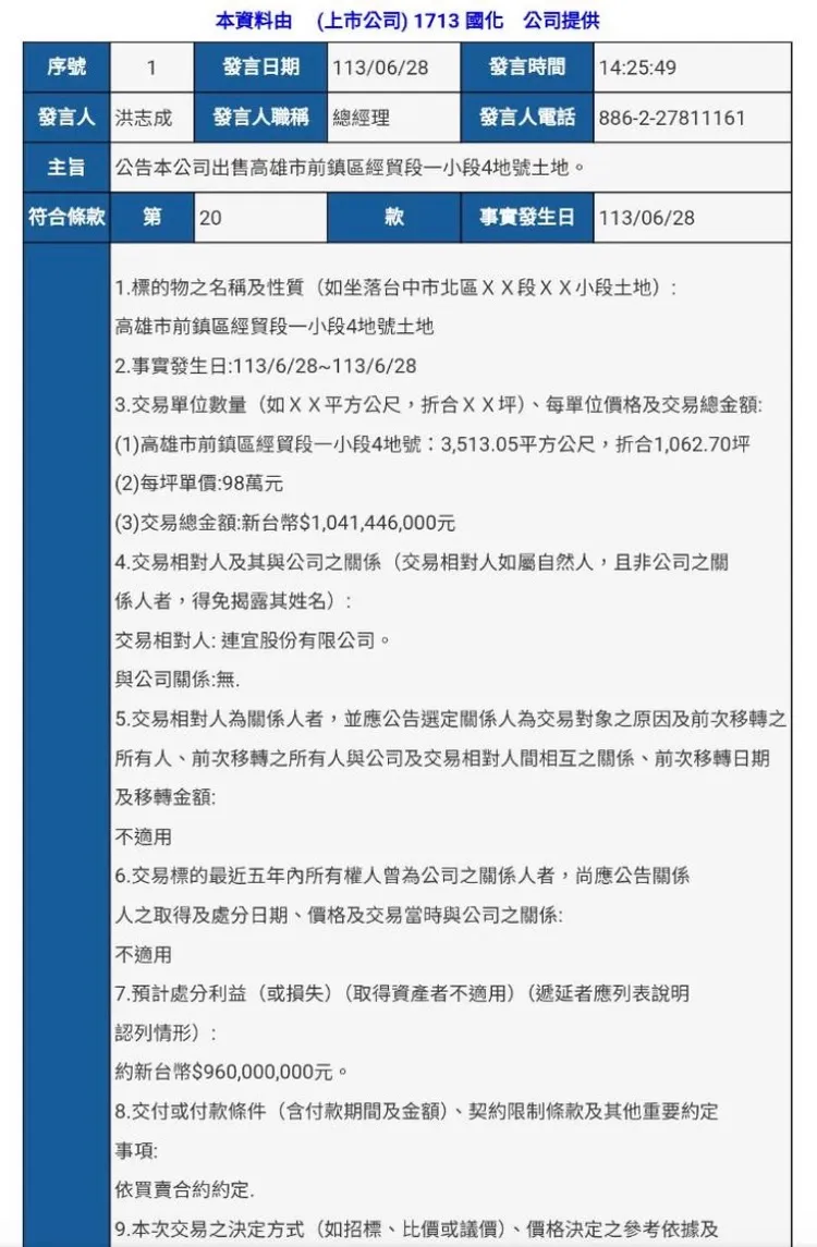 國泰化工今日下午重大訊息公告