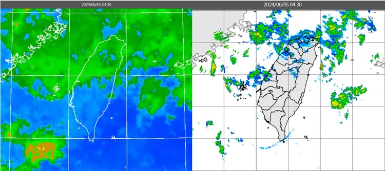 今(5)日4：30紅外線雲圖顯示，台灣上空有鋒前中高雲移入(左圖)，伴隨弱降水回波(右圖)。氣象應用推廣基金會