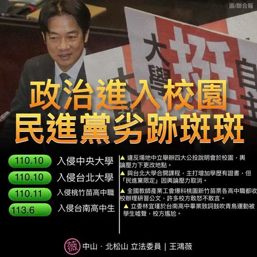 王鴻薇痛斥，政治入侵校園荼毒青年學子。翻攝王鴻薇臉書