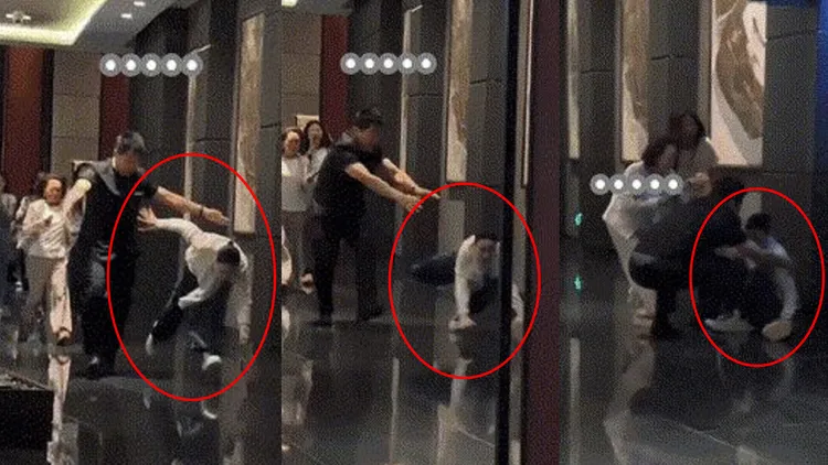 那英回飯店時被粉絲包圍追逐，不小心跌倒在地。翻攝老鬼的瓜田微博