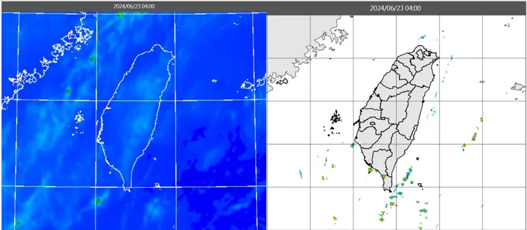 今(23日)晨4時紅外線色調強化雲圖顯示，台灣上空晴朗無雲(左圖)。4時雷達回波合成圖顯示，巴士海峽有零星回波移入(右圖)，氣象應用推廣基金會