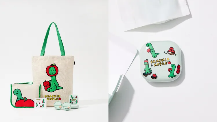 蘭芝與JOGUMAN打造渺小恐龍Q萌蘋果托特包以及Q萌蘋果貼紙，可用來貼在「小方塊」氣墊上。品牌提供