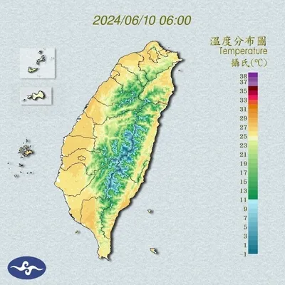 溫度方面會比昨天再高一些，各地高溫約30至34℃，沒下雨時天氣悶熱，外出請多補充水分。氣象署提供
