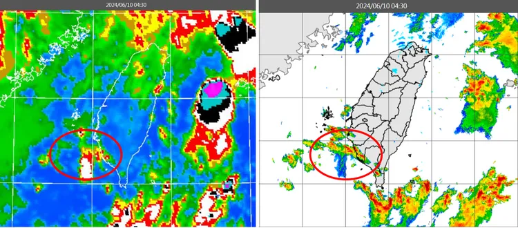 今(10)日4：30紅外線雲圖顯示，台灣上空雲層盡散，西南部近海另有小範圍雲系(紅框)發展接近中(左圖)，伴隨降水回波(右圖)。氣象應用推廣基金會