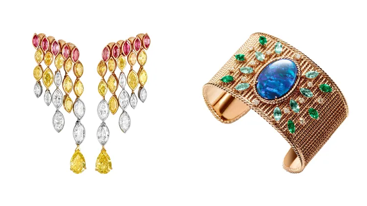 伯爵Sunlight Journey頂級珠寶系列鉑金黃鑽（左圖）1700萬元、Mediterranean Garden頂級珠寶系列18K玫瑰金黑蛋白石彩色寶石手鐲（右圖）575萬元。品牌提供