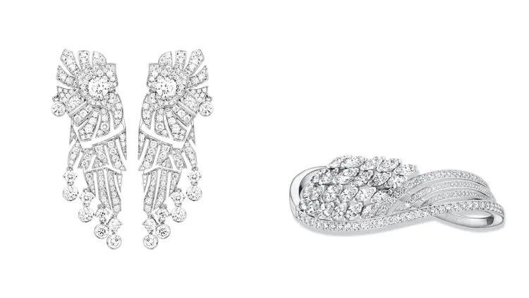 伯爵Mediterranean Garden頂級珠寶系列18K白金鑽石耳環（左圖）440萬元、Wings of Light頂級珠寶系列18K白金鑽石手鐲（右圖）491萬元。品牌提供
