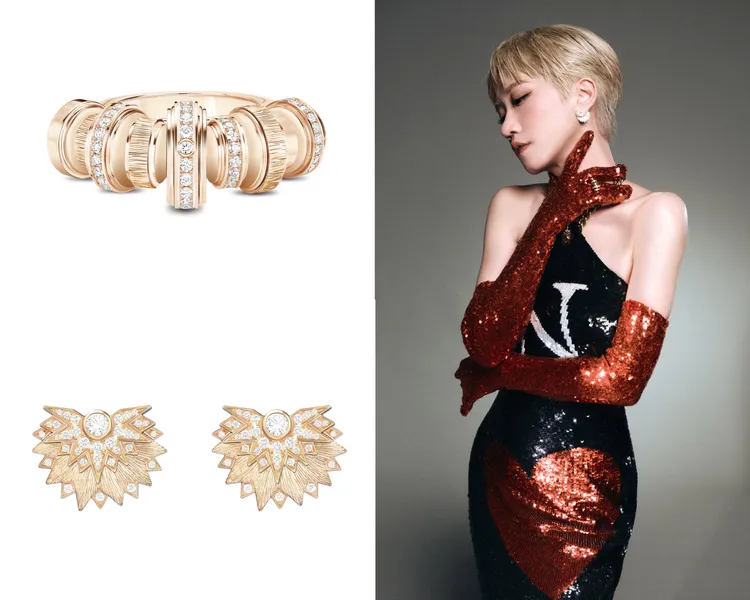 Lulu紅毯選搭伯爵Sunlight系列18K玫瑰金宮廷式雕刻飾紋鑽石耳環約55萬元、戒指約116萬元。品牌提供