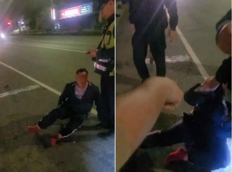 林姓男子（左圖）今年元月開槍不成反被打到頭破血流，倒在馬路上，警方將兩派人馬隔開（右圖）。資料照片