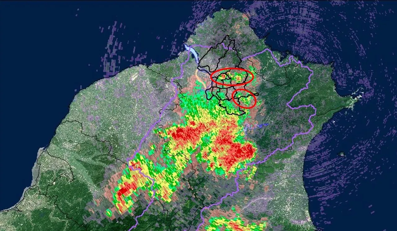 對流系統於中山、松山、內湖區有增強趨勢,預估影響時間約1小時。氣象署提供