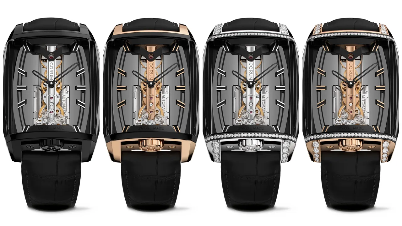 崑崙錶Golden Bridge金橋自動腕錶,5級鈦金屬酒桶形錶殼,鱷魚皮錶帶,CO313機芯,動力儲存40小時,防水深度30米,左起限量50只、限量150只、限量100只、限量25只,價格店洽。品牌提供