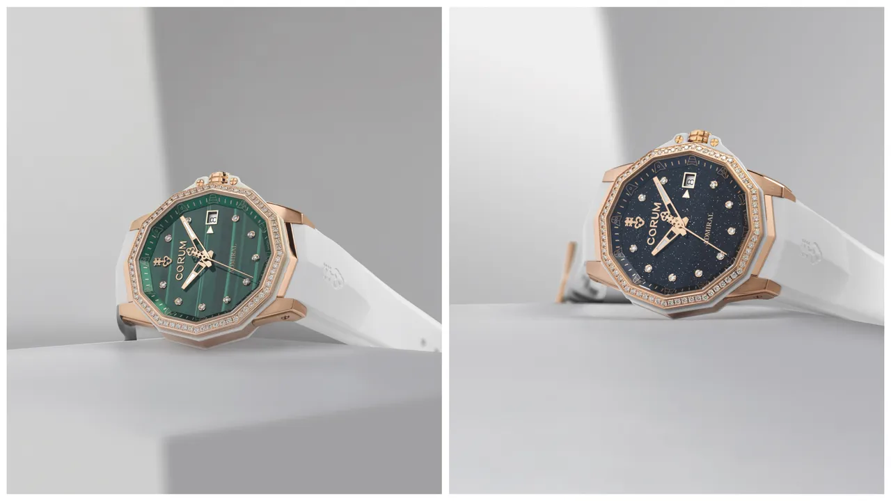 崑崙錶Admiral海軍上將38孔雀石錶盤自動腕錶(左圖)、藍色砂金石錶盤自動腕錶(右圖),38mm,5N 18K玫瑰金錶殼,白色橡膠錶帶,CO082機芯,動力儲存42小時,防水深度100米,各限量100只,102萬3000元。品牌提供