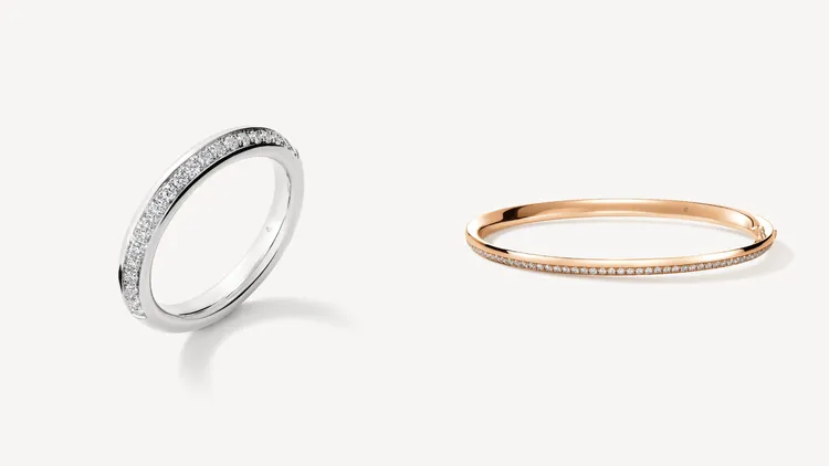Barre白K金密鑲鑽石線戒（左圖）鑽石總重約0.15克拉，7萬元；玫瑰金密鑲鑽石手鐲（右圖）鑽石總重約0.70克拉，24萬9000元。品牌提供